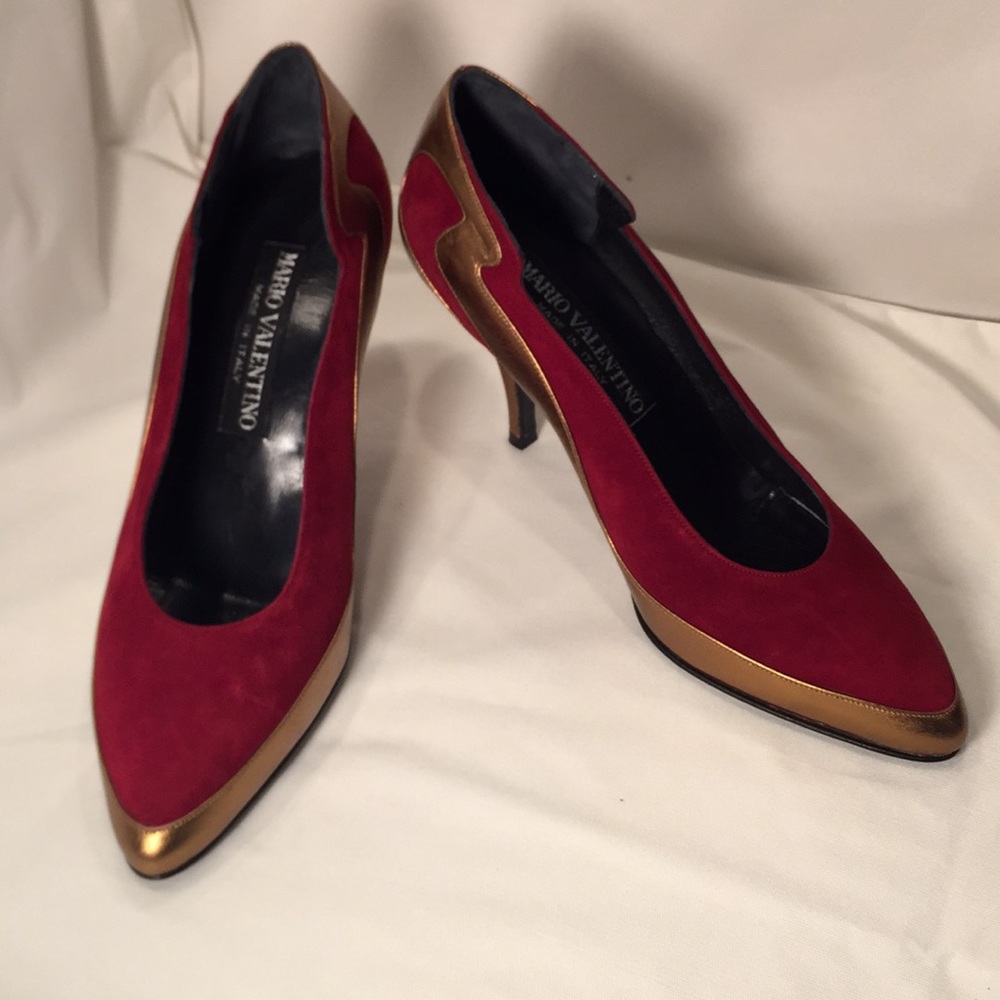 Mario Valentino Red Suede Pumps with Gold Accents
